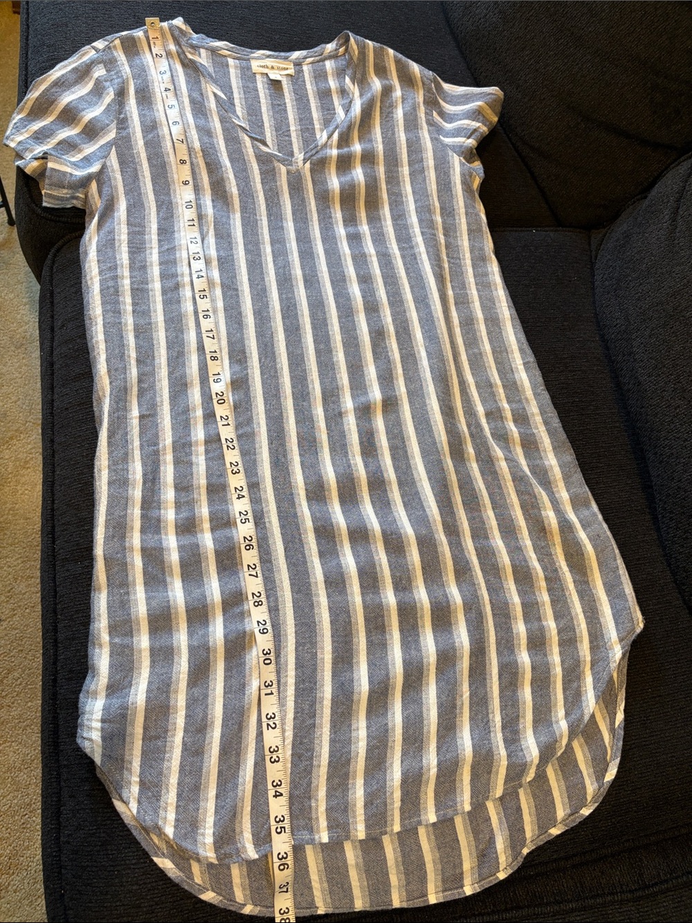 cloth & stone Blue and White Striped High-Low V-Neck Linen Blend Dress - Picture 12 of 13